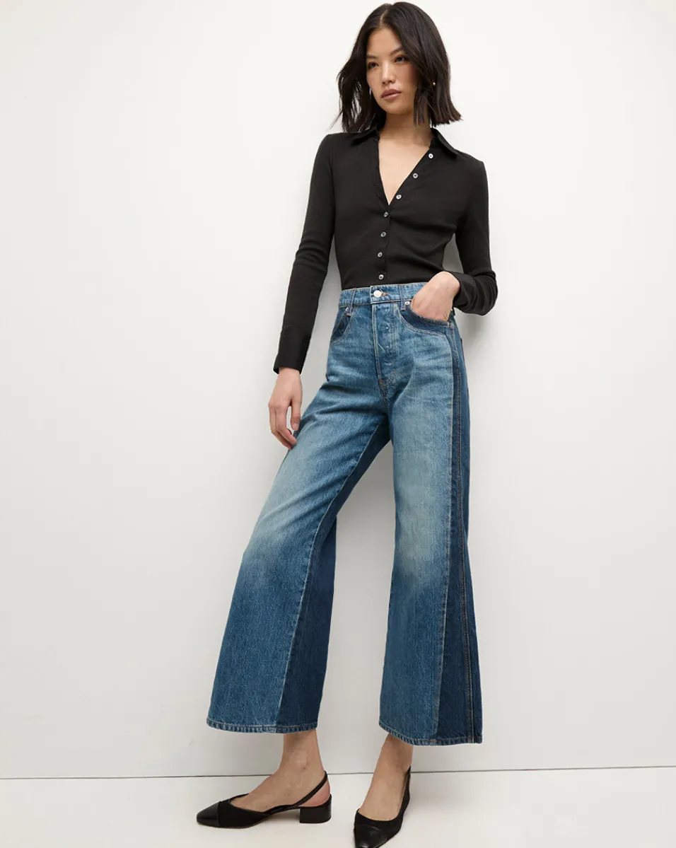 Best Sale Veronica Beard Taylor Two-Tone Cropped Wide-Leg Jean in Blue RebelBlueColorblock