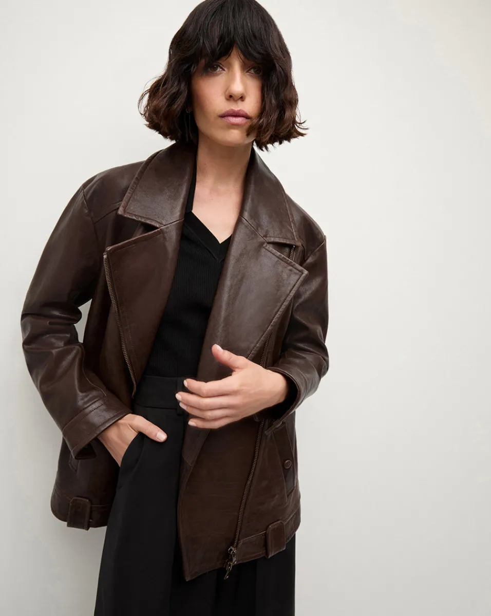 Discount Veronica Beard Thandie Leather Dickey Jacket in Dark Brown DarkChocolate