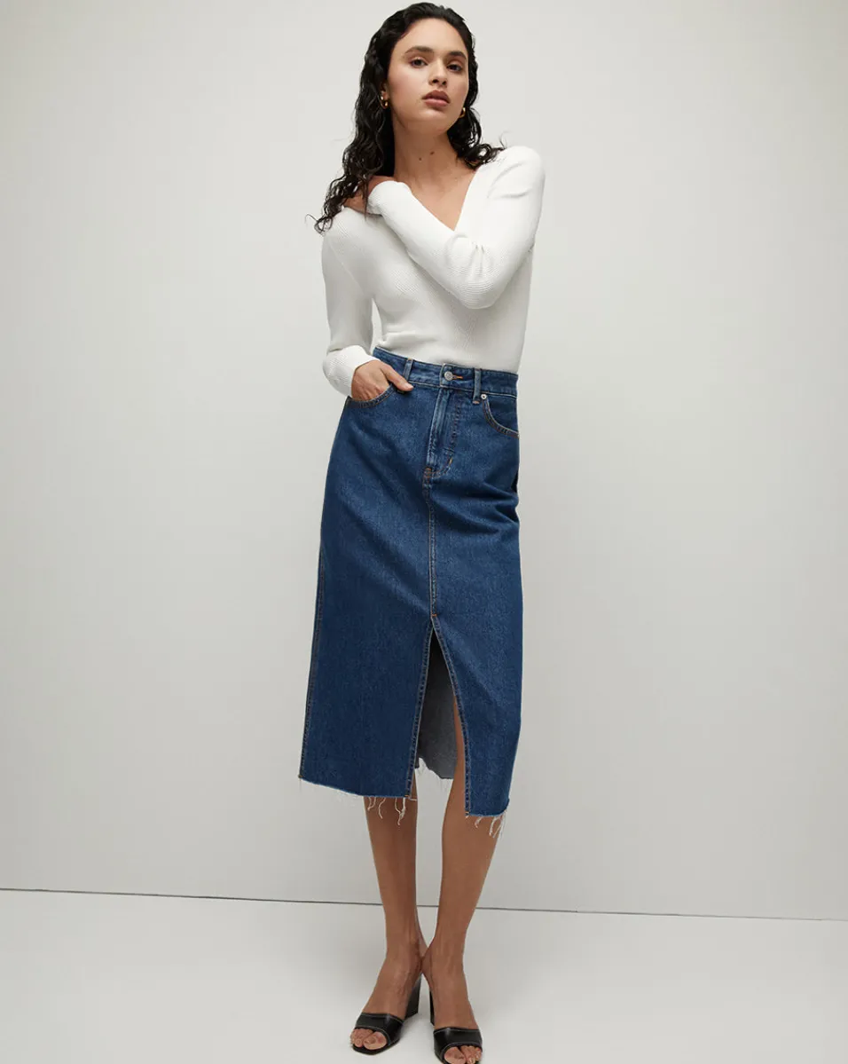 New Veronica Beard Victoria Raw-Edge Midi Denim Skirt StonedBrightBlue