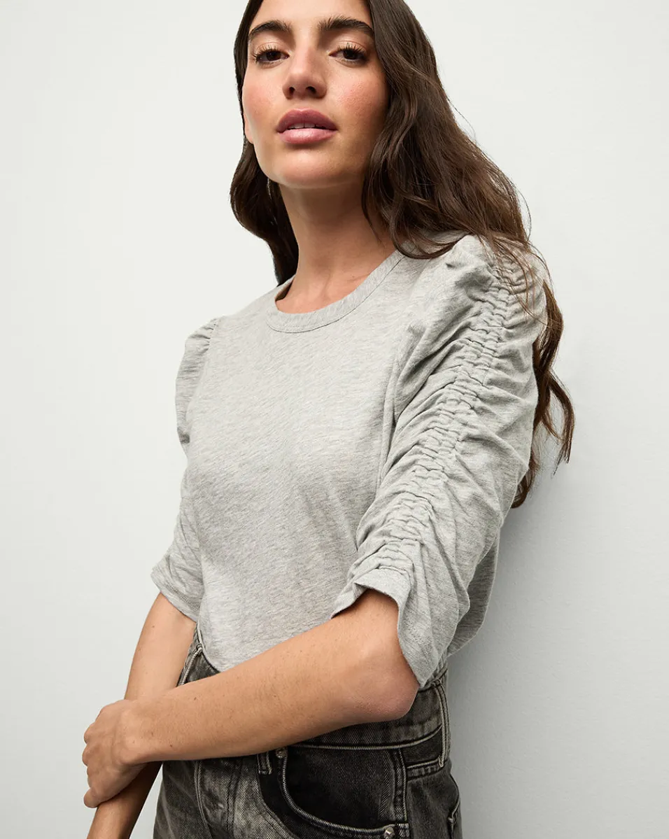 New Veronica Beard Waldorf Ruched-Sleeve Tee in Heather Grey HeatherGrey