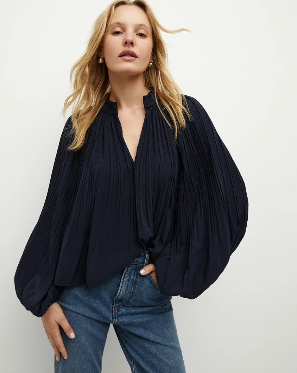 New Veronica Beard Walker Pleated Top in Navy