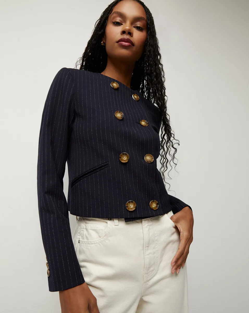 Flash Sale Veronica Beard Winslow Pinstripe Collarless Jacket NavyMulti